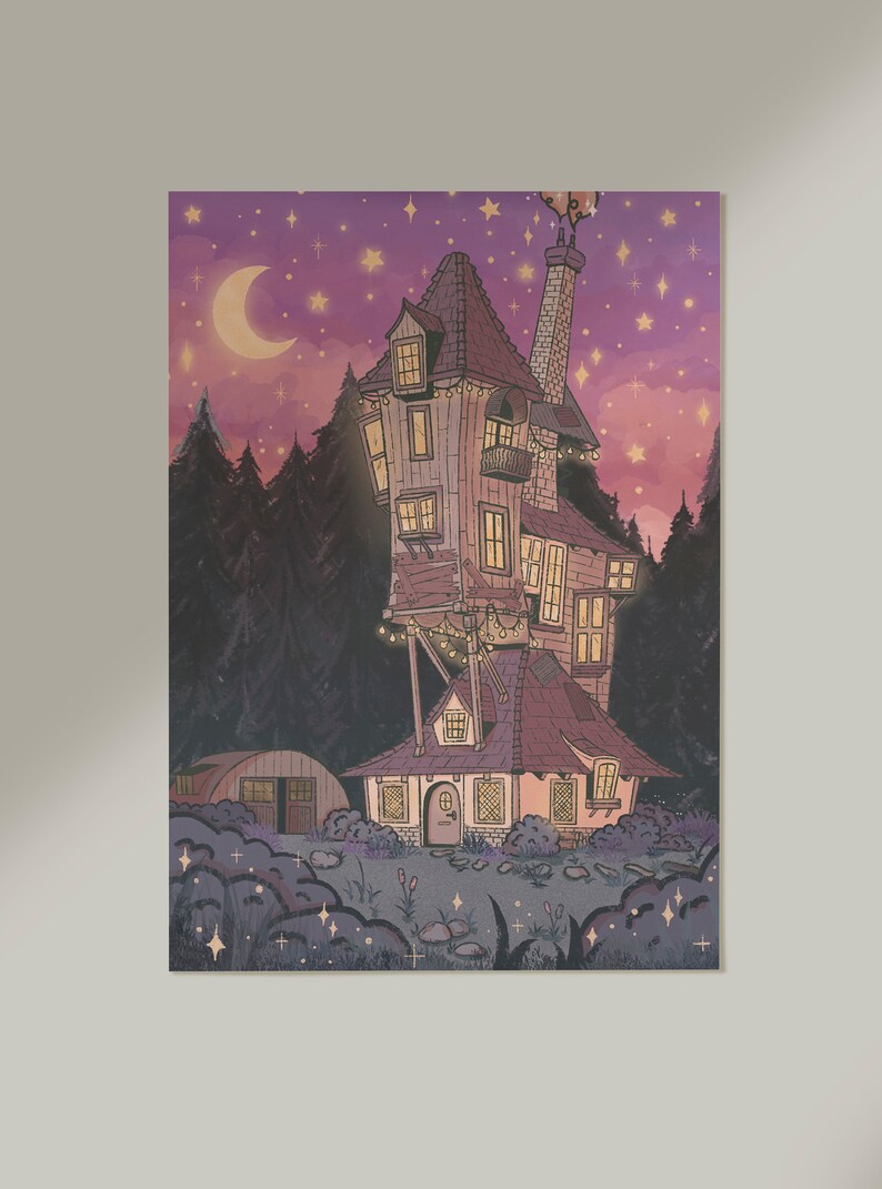 Whimsical Burrow Poster: Wizarding Night Scene Decor