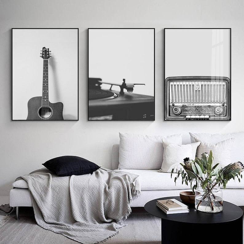 Black & White Music Prints Set of 4: Guitars & Vinyl Records