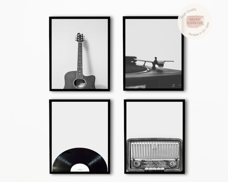 Black & White Music Prints Set of 4: Guitars & Vinyl Records