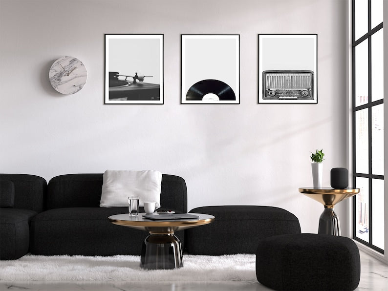 Black & White Music Prints Set of 4: Guitars & Vinyl Records