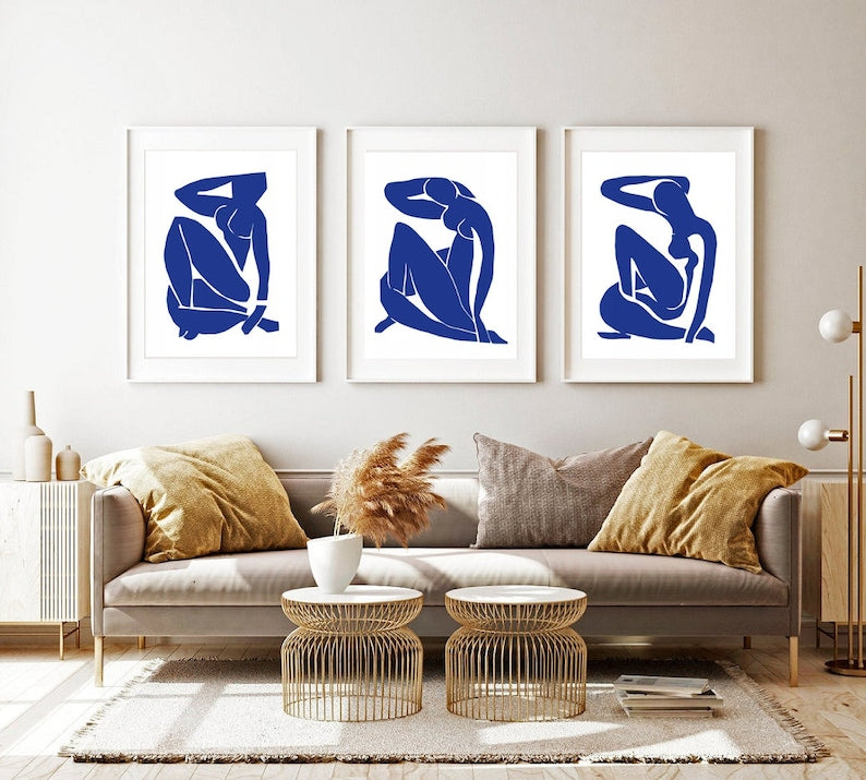 Exquisite Matisse Wall Art Trio: Abstract Navy Blue Masterpieces for Living Room Decor