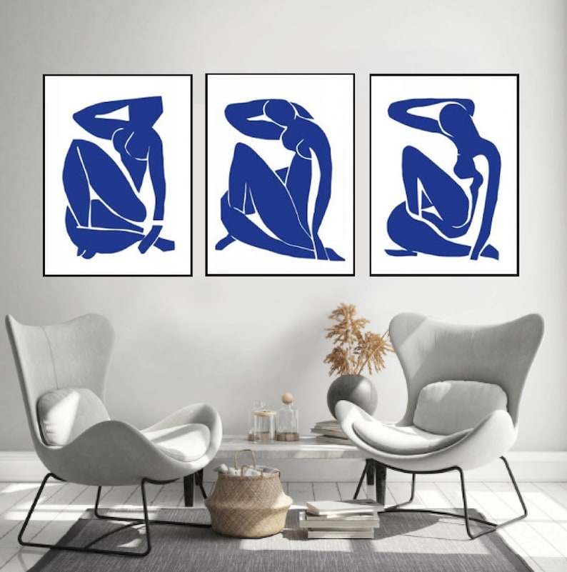 Exquisite Matisse Wall Art Trio: Abstract Navy Blue Masterpieces for Living Room Decor