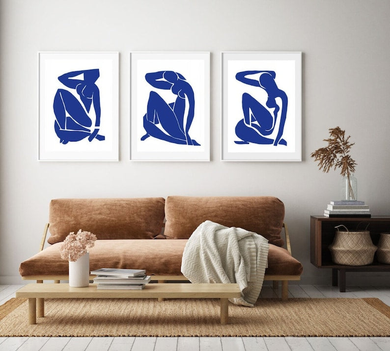 Exquisite Matisse Wall Art Trio: Abstract Navy Blue Masterpieces for Living Room Decor