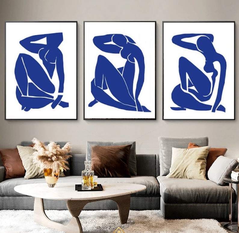 Exquisite Matisse Wall Art Trio: Abstract Navy Blue Masterpieces for Living Room Decor