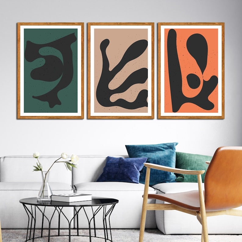 Matisse-Inspired Framed Canvas Trio: Sage, Terracotta, and Cream