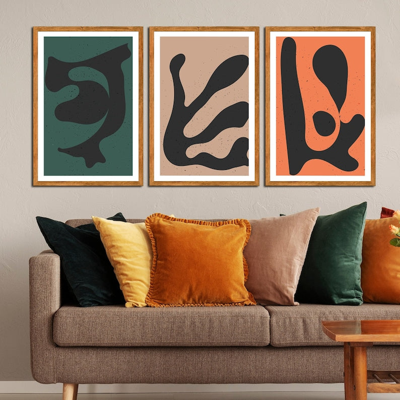 Matisse-Inspired Framed Canvas Trio: Sage, Terracotta, and Cream