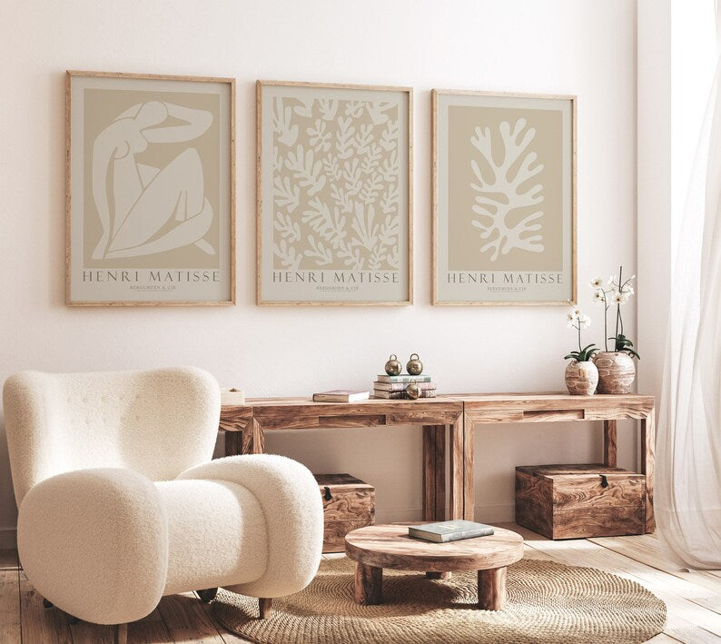 Matisse Trio: Abstract Wall Prints in Beige