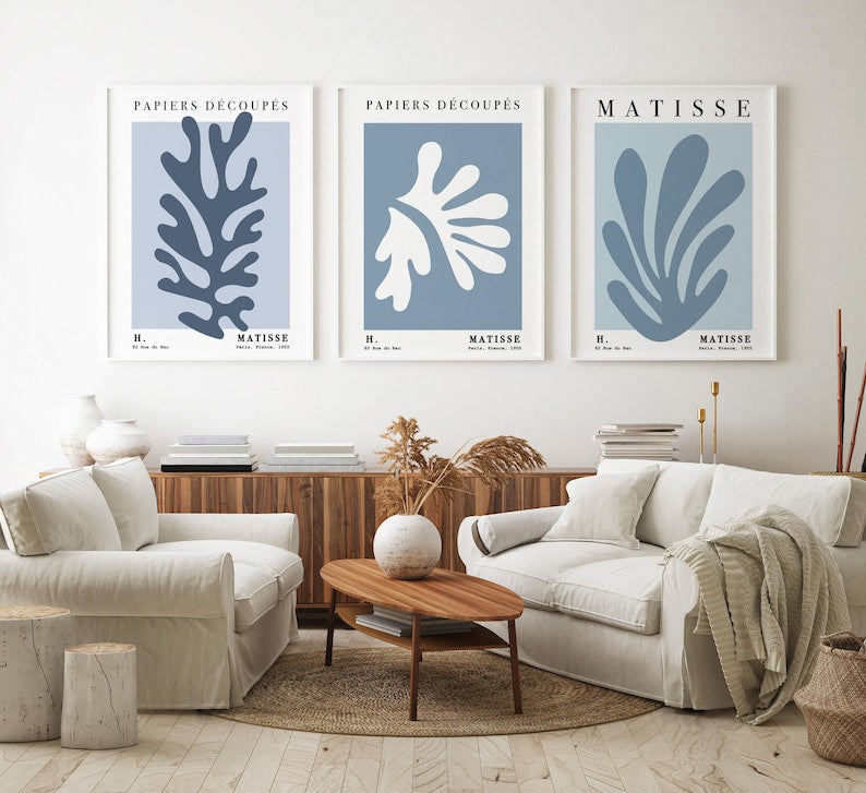 Triptych Matisse Prints for Pastel Blue Wall Decor