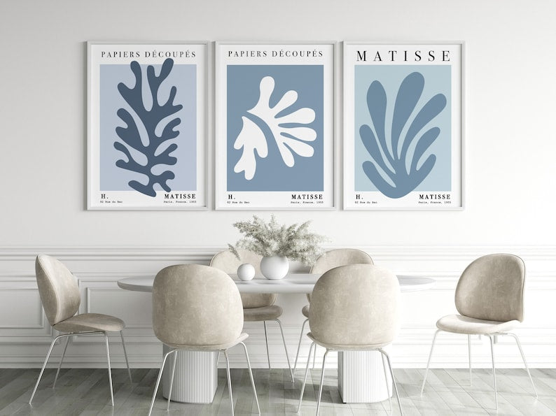 Triptych Matisse Prints for Pastel Blue Wall Decor