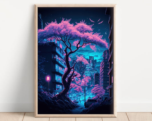 Futuristic Neon Anime Poster: Lofi Vaporwave City Lights