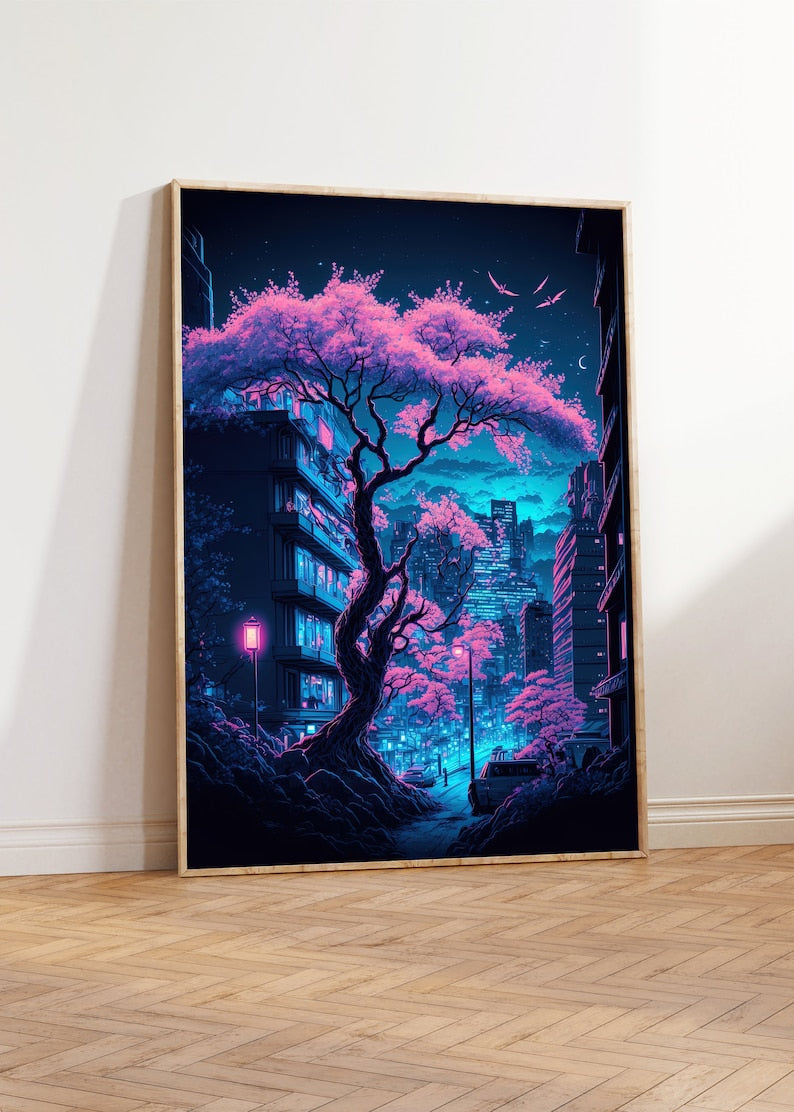 Futuristic Neon Anime Poster: Lofi Vaporwave City Lights