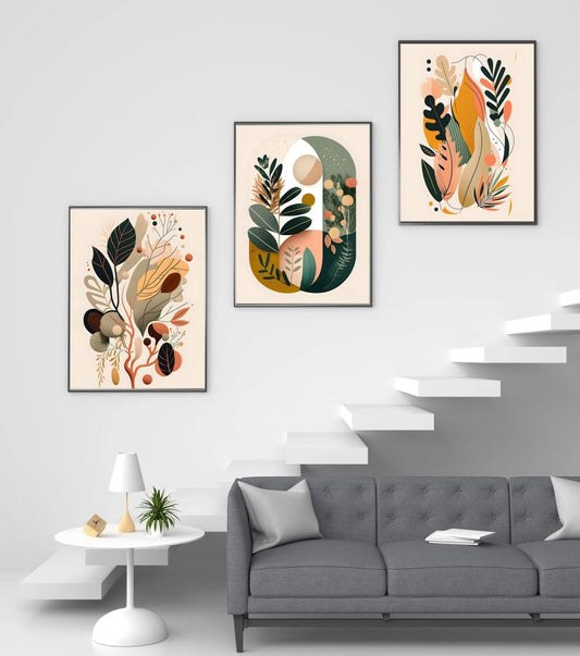 Abstract Boho Wall Art Trio: Beige, Green, & Terracotta