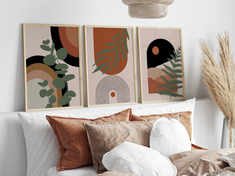 Boho Abstract Wall Art Trio: Scandi Mid-Century Prints