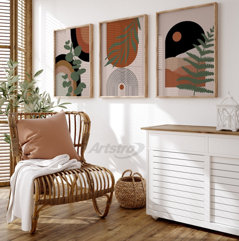 Boho Abstract Wall Art Trio: Scandi Mid-Century Prints