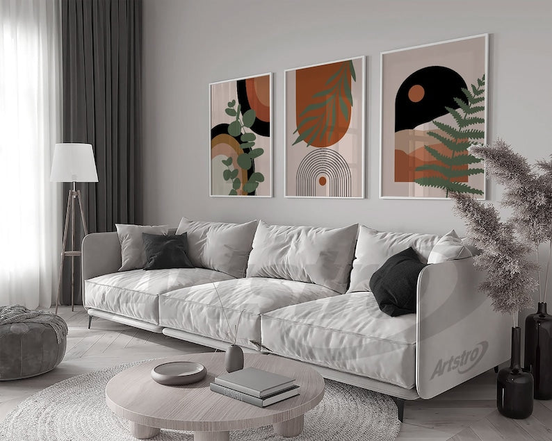 Boho Abstract Wall Art Trio: Scandi Mid-Century Prints