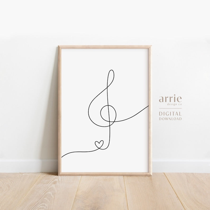 Minimalist Music Art: Heart Treble Clef Line