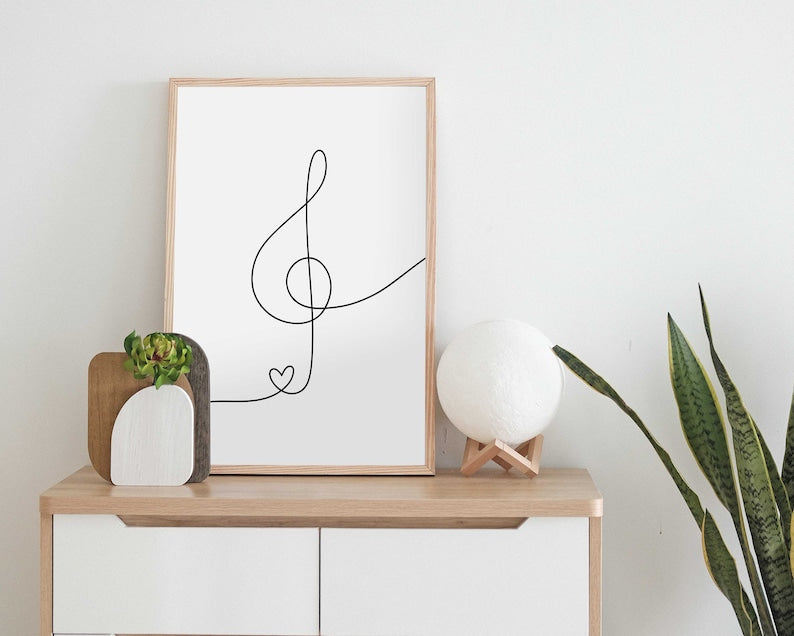 Minimalist Music Art: Heart Treble Clef Line