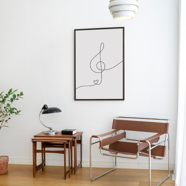 Minimalist Music Art: Heart Treble Clef Line