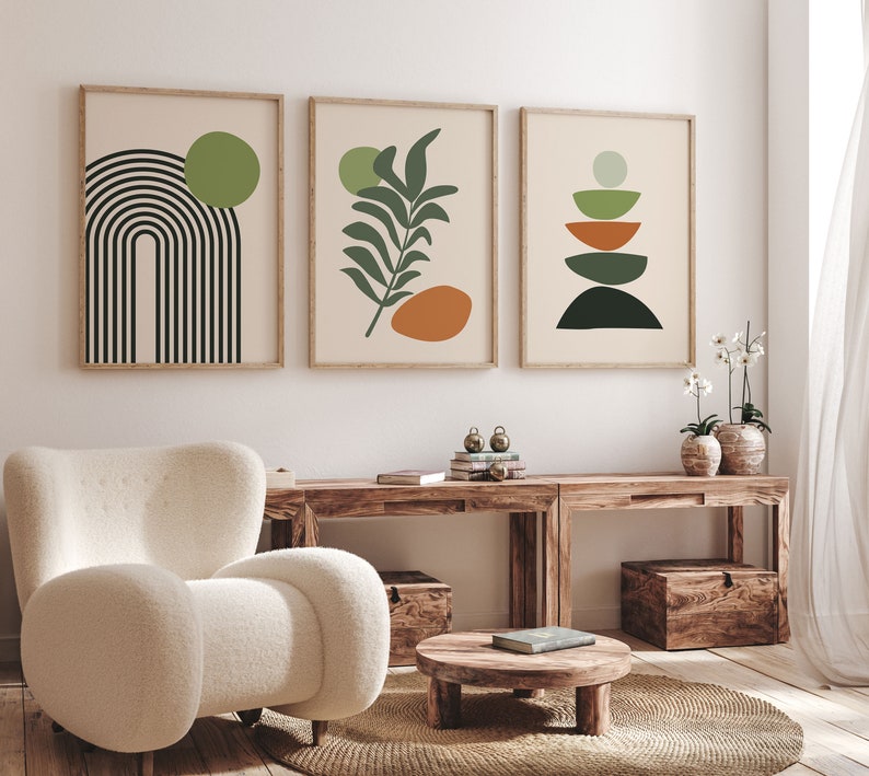 Boho Abstract Wall Art Prints: Set of 3 Scandi Mid Century Prints (Sage, Green, Black, Beige)