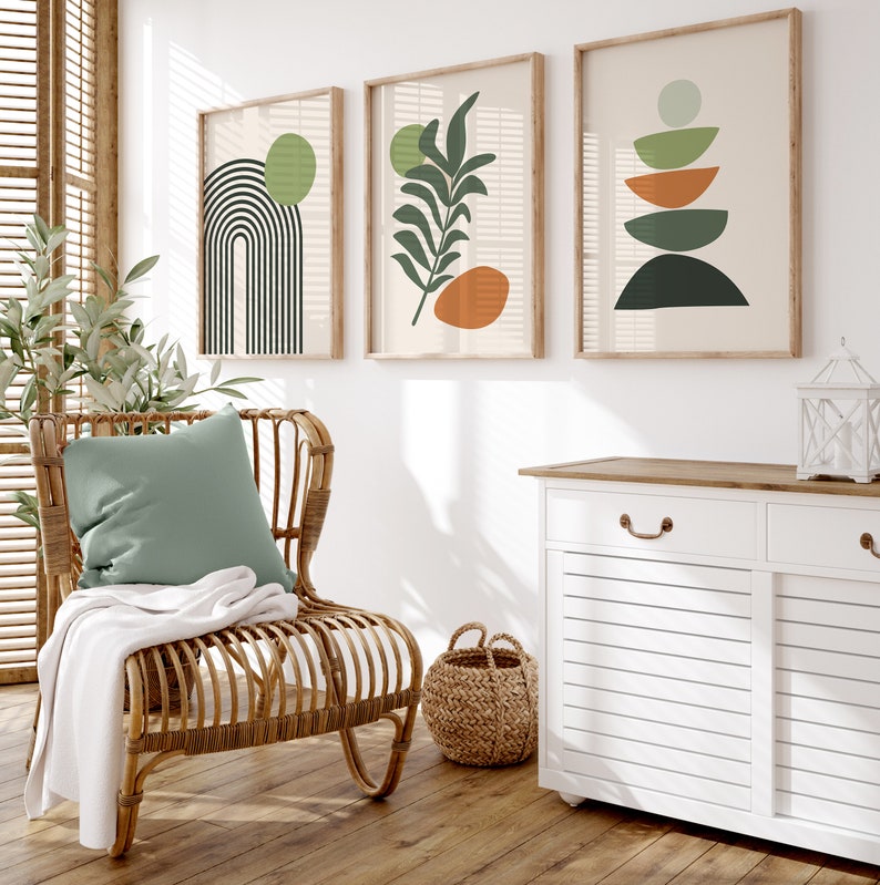 Boho Abstract Wall Art Prints: Set of 3 Scandi Mid Century Prints (Sage, Green, Black, Beige)