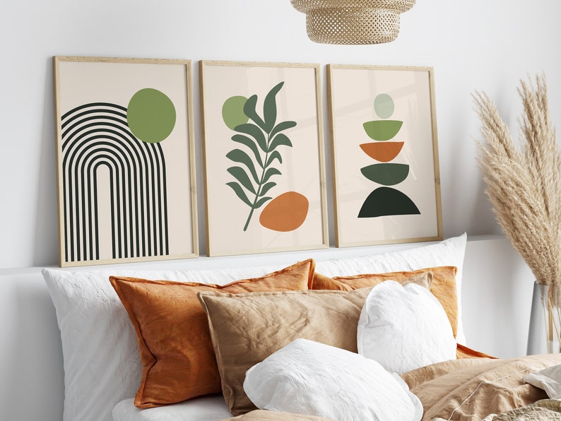 Boho Abstract Wall Art Prints: Set of 3 Scandi Mid Century Prints (Sage, Green, Black, Beige)