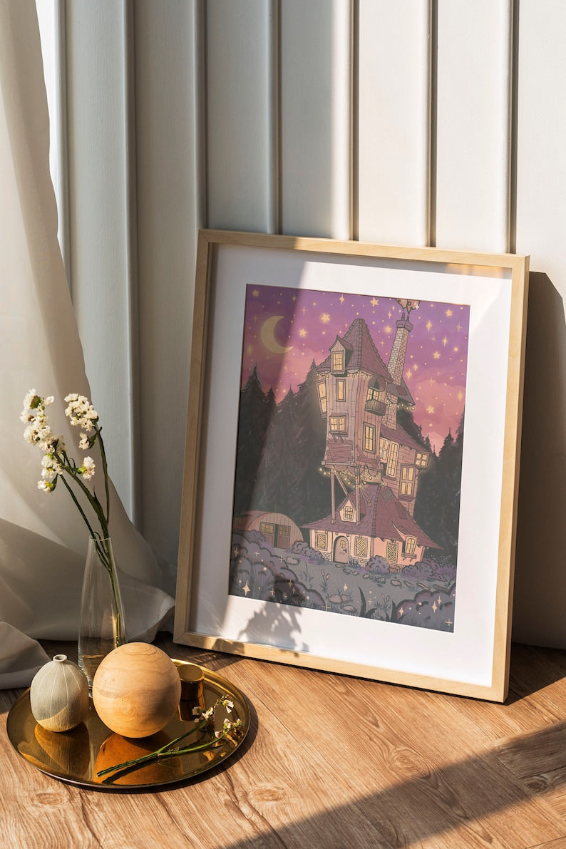 Whimsical Burrow Poster: Wizarding Night Scene Decor