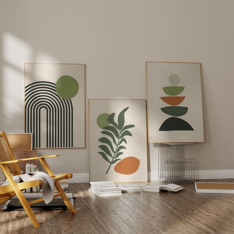 Boho Abstract Wall Art Prints: Set of 3 Scandi Mid Century Prints (Sage, Green, Black, Beige)