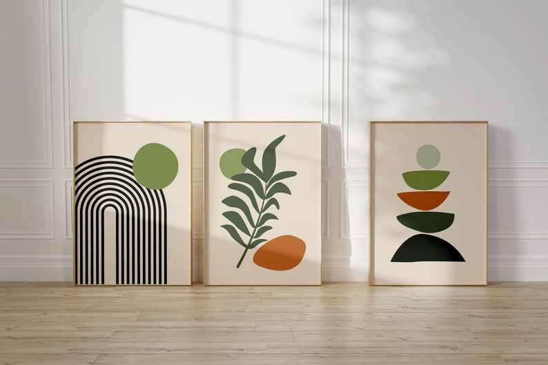 Boho Abstract Wall Art Prints: Set of 3 Scandi Mid Century Prints (Sage, Green, Black, Beige)