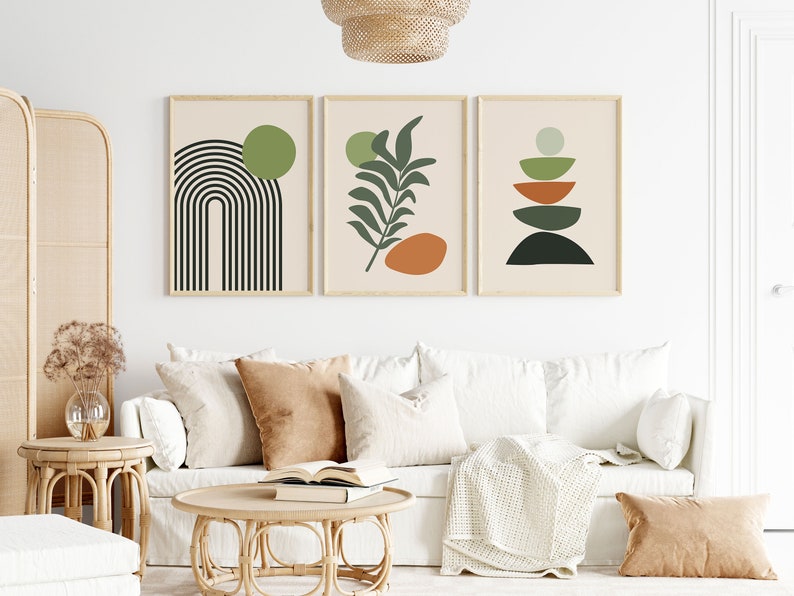 Boho Abstract Wall Art Prints: Set of 3 Scandi Mid Century Prints (Sage, Green, Black, Beige)