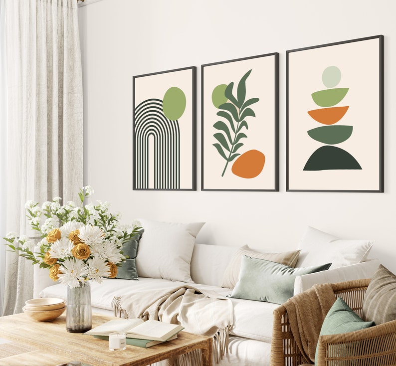 Boho Abstract Wall Art Prints: Set of 3 Scandi Mid Century Prints (Sage, Green, Black, Beige)