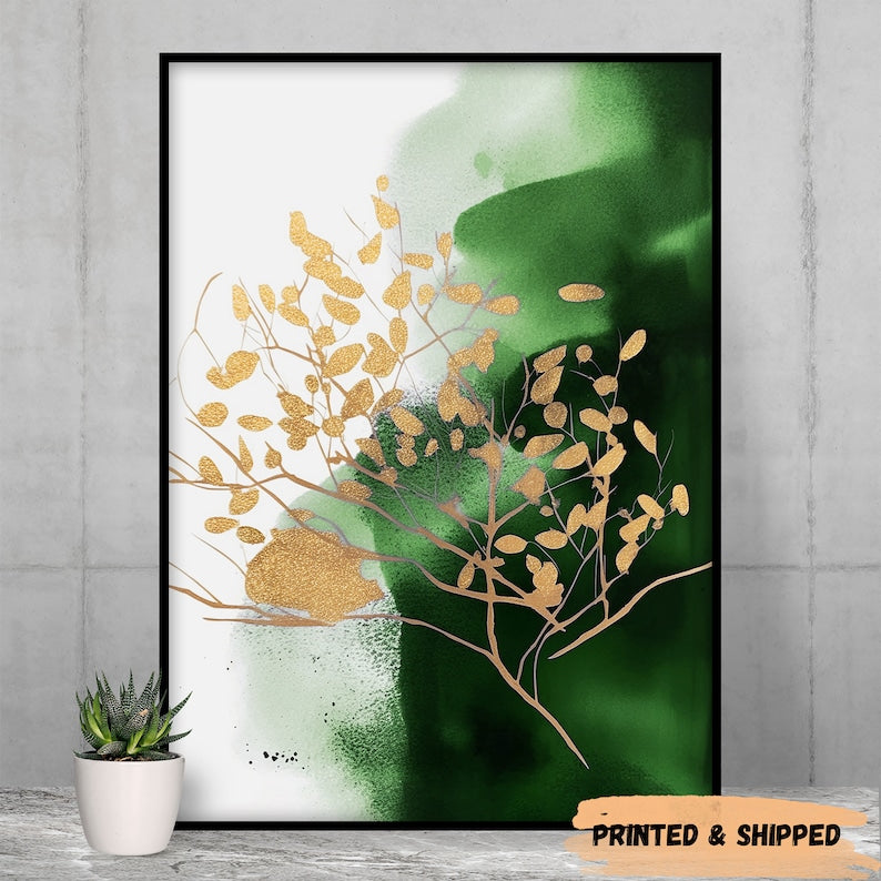 Abstract Wall Art Emerald and Gold, Bedroom & Living Room Decor (Set of 3)