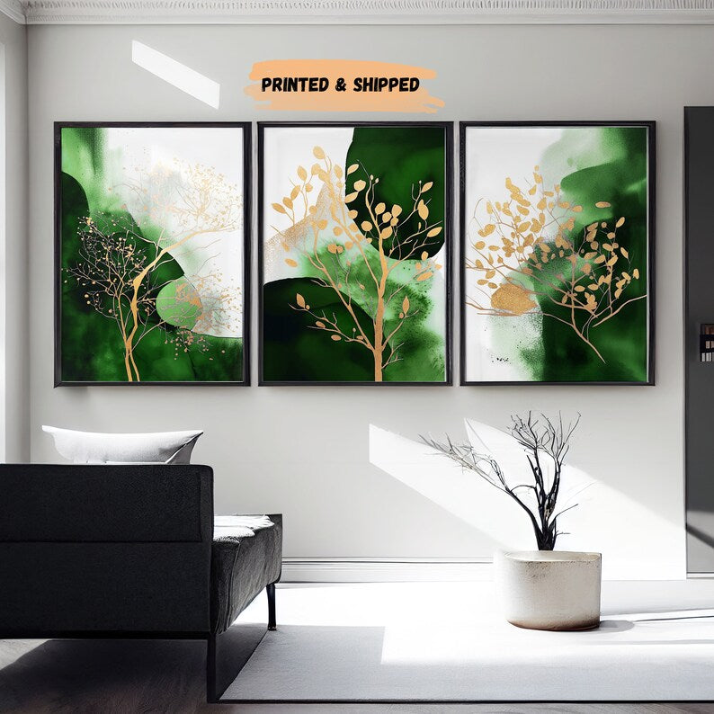 Abstract Wall Art Emerald and Gold, Bedroom & Living Room Decor (Set of 3)