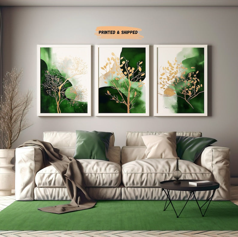 Abstract Wall Art Emerald and Gold, Bedroom & Living Room Decor (Set of 3)