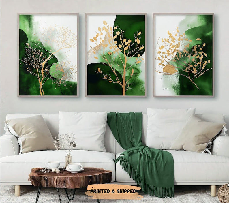 Abstract Wall Art Emerald and Gold, Bedroom & Living Room Decor (Set of 3)