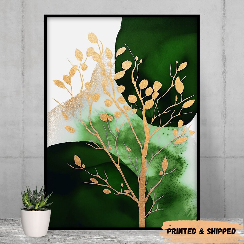 Abstract Wall Art Emerald and Gold, Bedroom & Living Room Decor (Set of 3)