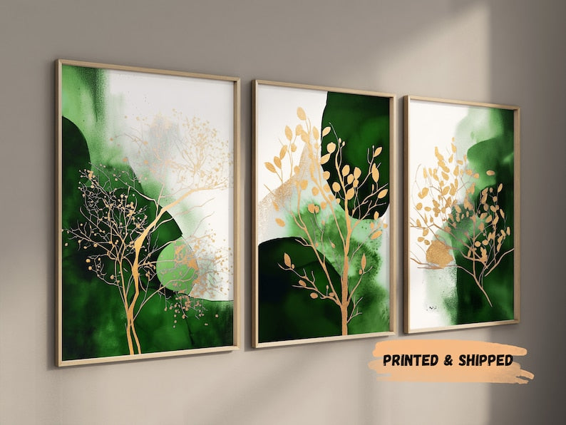 Abstract Wall Art Emerald and Gold, Bedroom & Living Room Decor (Set of 3)