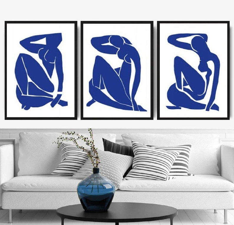 Exquisite Matisse Wall Art Trio: Abstract Navy Blue Masterpieces for Living Room Decor