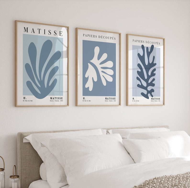 Triptych Matisse Prints for Pastel Blue Wall Decor