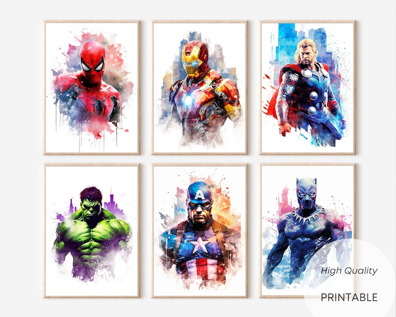 Spiderman Watercolor Posters: Six-Piece Printable Art Collection