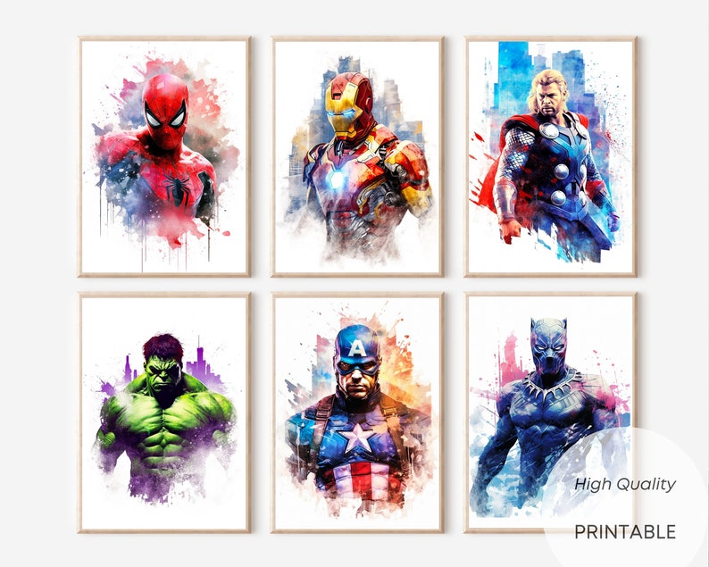 Superhero Spiderman Watercolor Set of 6 Posters | Digital Printable Art