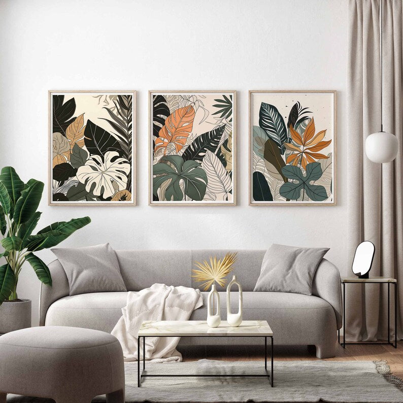 Boho Wall Art Set of 3, Eclectic Abstract Prints, Terracotta Beige