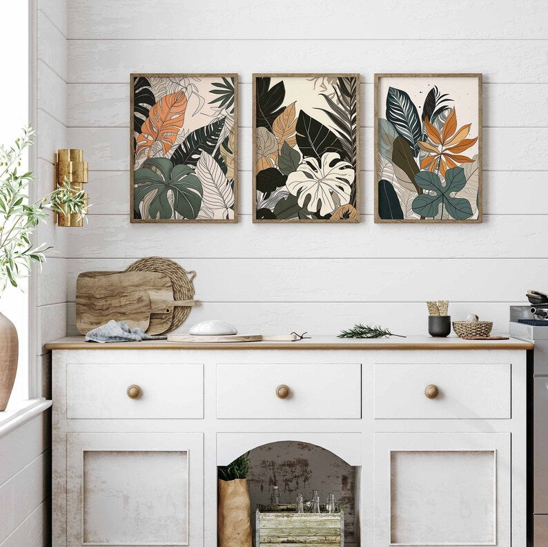 Boho Wall Art Set of 3, Eclectic Abstract Prints, Terracotta Beige