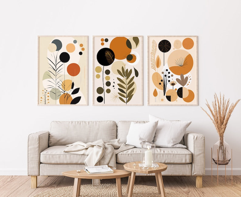 Boho Abstract Wall Art Set: Tranquil Beige, Verdant Green, Earthy Terracotta