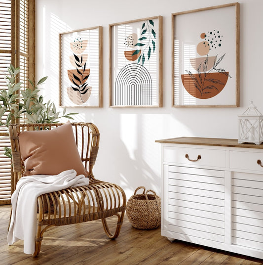 Boho Abstract Wall Art Trio: Mid-Century Botanical Prints