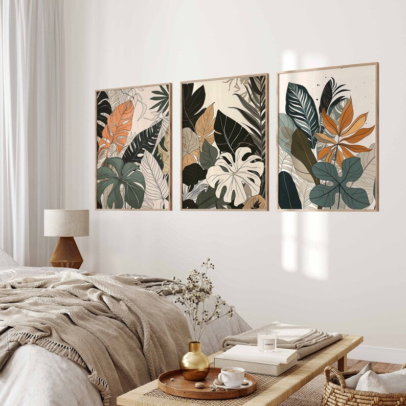 Boho Wall Art Set of 3, Eclectic Abstract Prints, Terracotta Beige