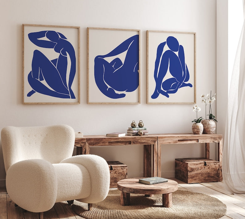 Matisse Prints Trio: Navy Blue Modern Floral Line Art