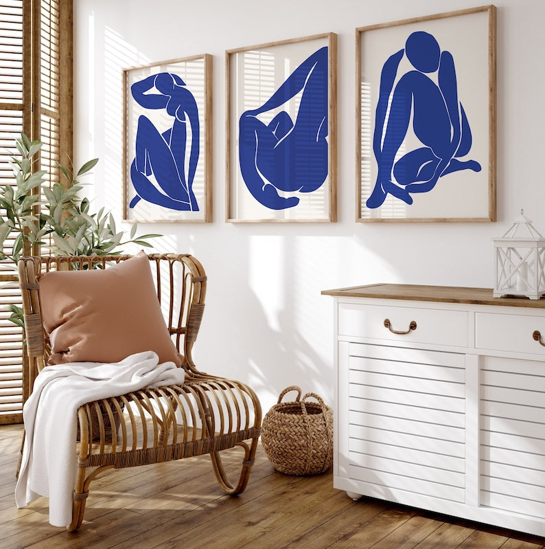 Matisse Prints Trio: Navy Blue Modern Floral Line Art