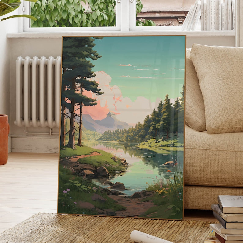 Lofi Anime Forest Lake Poster: Nature Art for Anime Lovers