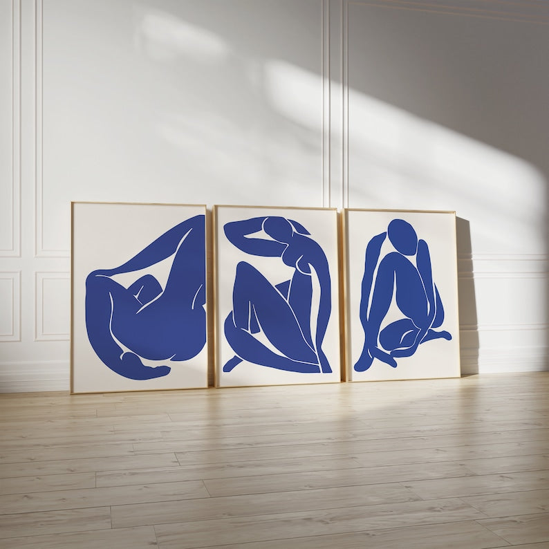 Matisse Prints Trio: Navy Blue Modern Floral Line Art