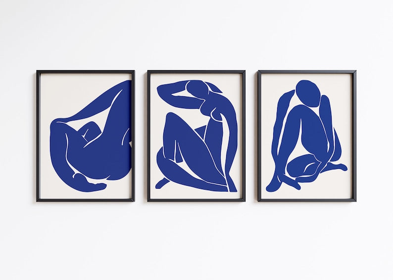 Matisse Prints Trio: Navy Blue Modern Floral Line Art